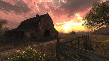 Rustic barn at sunset in a rural field.