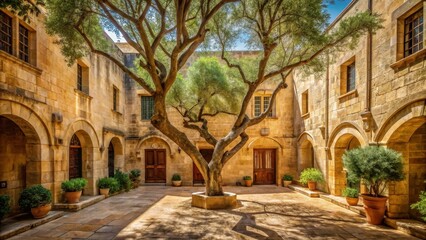 Fototapeta premium Sun-Drenched Courtyard with Ancient Tree and Stone Architecture A Serene Mediterranean Scene