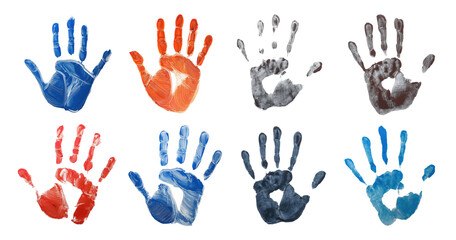 Fototapeta premium Colorful Handprints in Vibrant Paints on White Background Display, PNG bundle collection, Isolated on Transparent Background