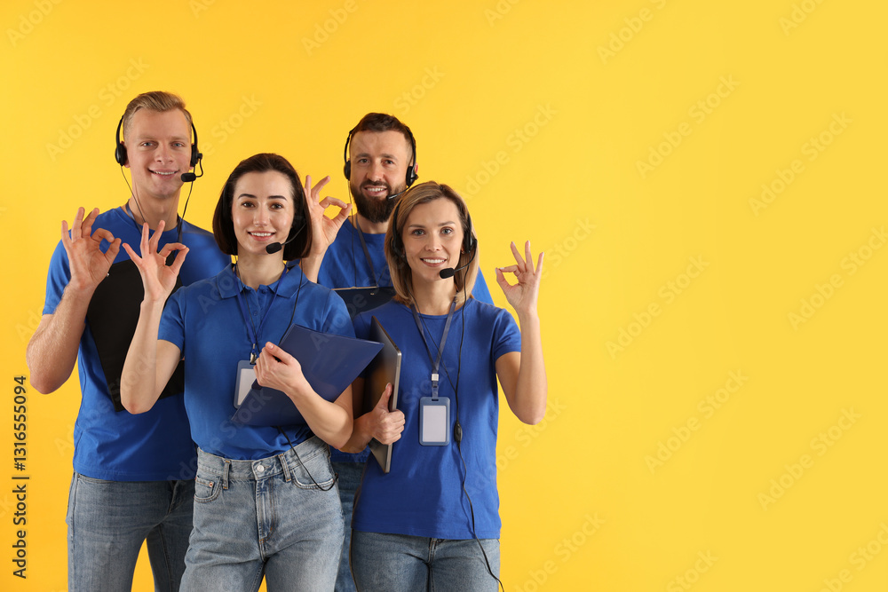 Poster technical support call center. team of friendly operators showing ok gesture on yellow background. s