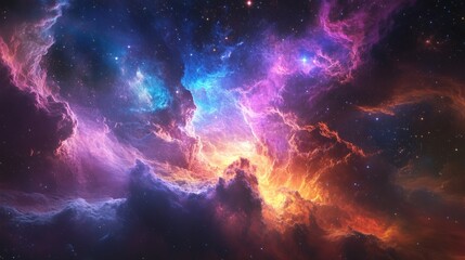Fototapeta premium Vivid Colorful Nebula in Space Displaying Bright Blue, Orange, and Red Clouds Illuminated from Within, Surrounded by Distant Stars and Celestial Beauty.