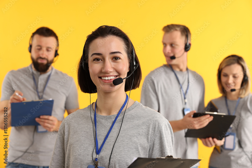 Poster technical support call center. team of friendly operators on yellow background