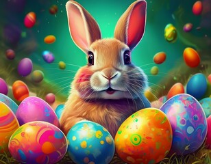 Happy Easter Bunny with many colorful easter eggs around
