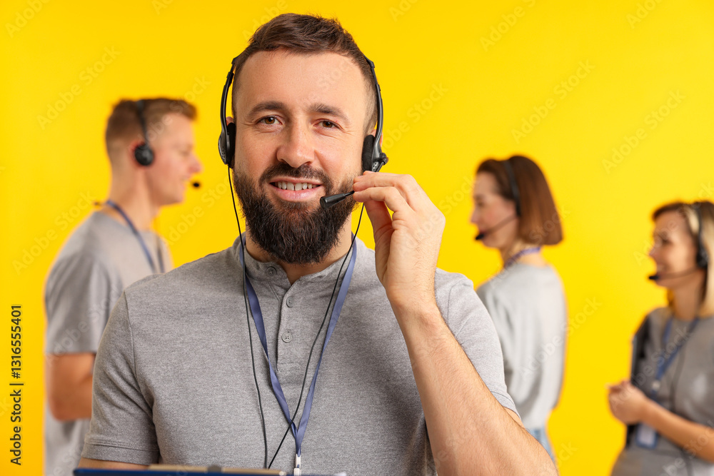 Poster technical support call center. smiling operator on yellow background, selective focus