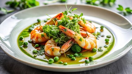Gourmet Shrimp Dish with Herb Sauce and Garden Peas on Elegant Plate