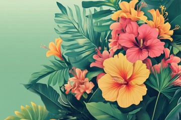 Beautiful bright tropical flowers and vibrant green foliage in a cluster