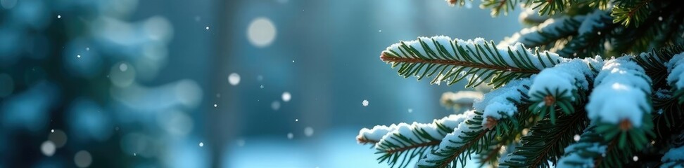 Frosted evergreen tree with snowflakes gently falling on its branches, evergreens, cold weather, frosty mornings