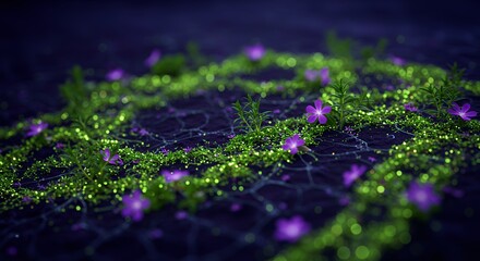 Blooming Purple Flowers and Greenery Illuminating a Dark Mysterious Web Surface