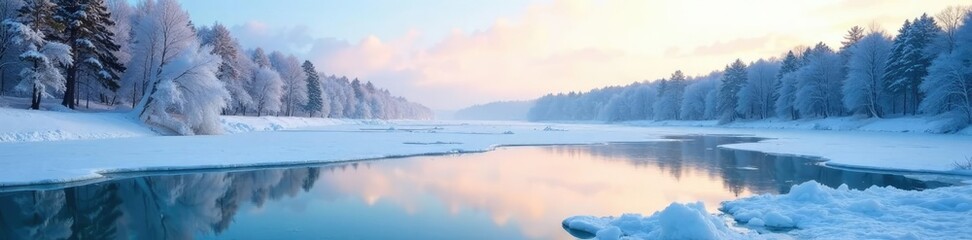 Fototapeta premium Frozen lake with crystalline ice shards and trees, lake, ice