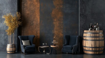 Dark Industrial Interior Design: 3D Render of a Wine Tasting Room AI Generated