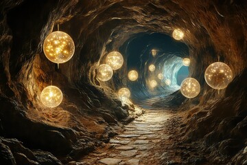 A narrow, winding cave path where floating orbs light the way.