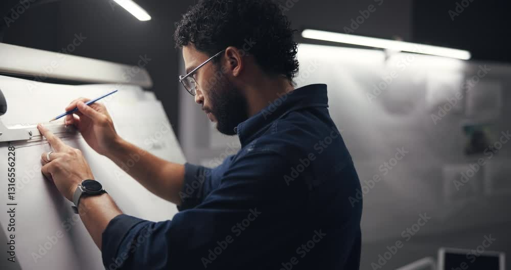 Poster architect, night and man drawing on paper for engineering design, blueprints and planning for urban 