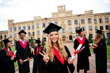 Group of young graduates in black mantles celebrating graduation outdoors on a sunny day at a...