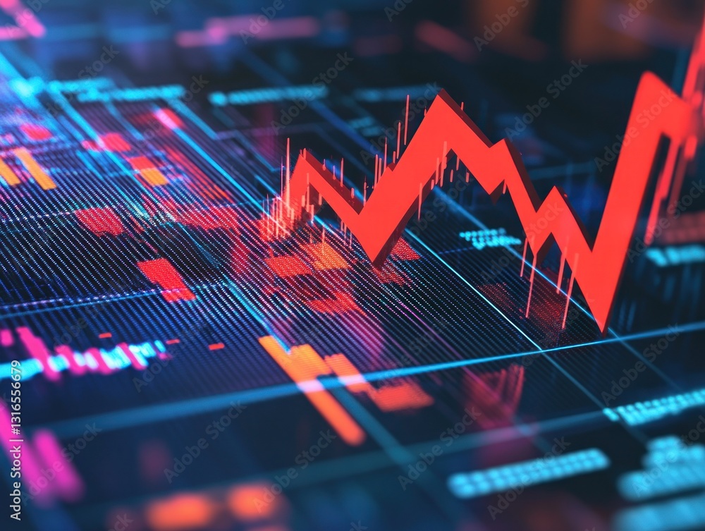 Poster abstract financial data visualization with red trend line on digital chart