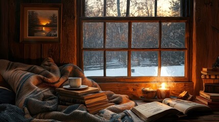 Cozy winter scene with books, coffee, and candlelight by a window.