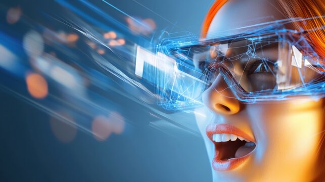 Exciting technological breakthrough showcased by enthusiastic woman with futuristic glasses in a vibrant studio environment