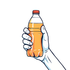 Hand holding orange juice plastic bottle with red cap