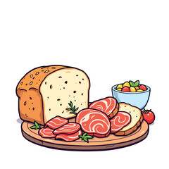 Vsai sliced roast beef, bread loaf, and salad on wooden tray
