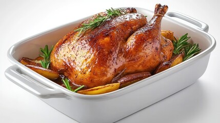 Roast Chicken With Herbs and Vegetables Served on a White Platter in an Elegant Kitchen Setting