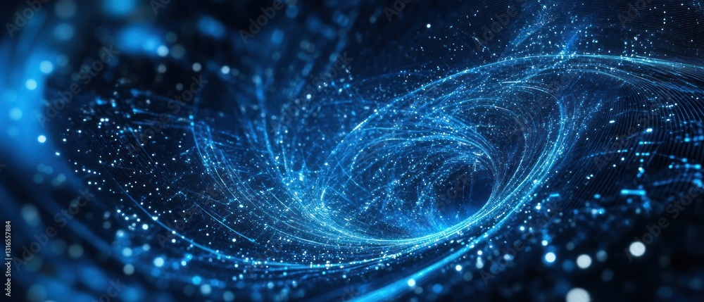 Poster a mesmerizing swirl of blue digital particles and light trails creating a dynamic abstract backgroun