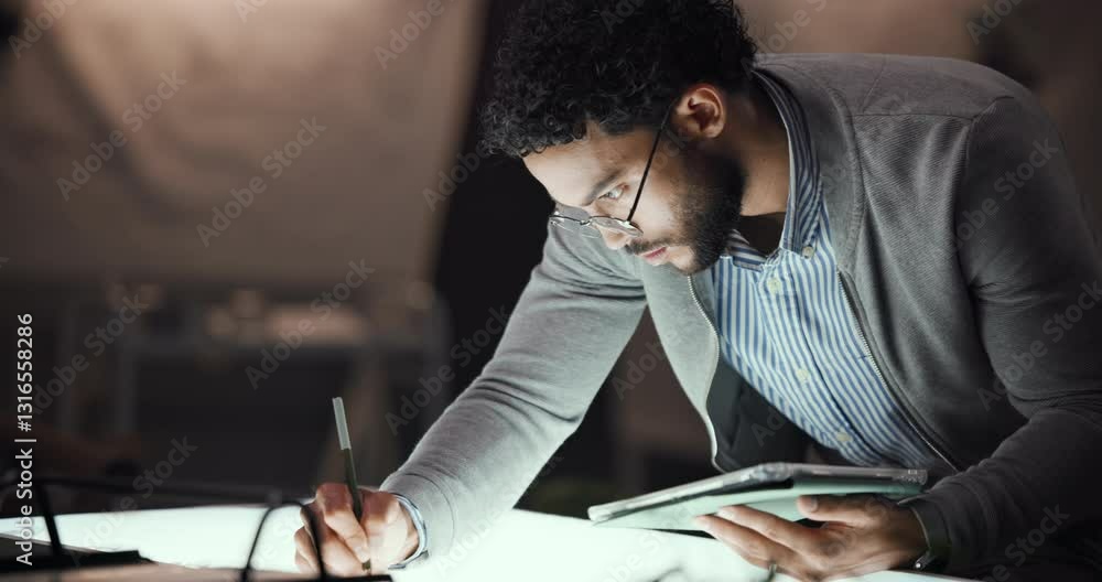 Poster creative, office or man with tablet for drawing vehicle sketch or editing skills in night overtime. 