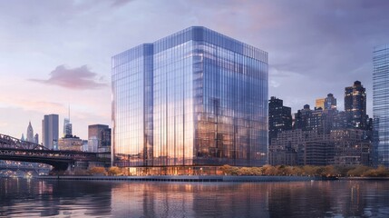 Naklejka premium Modern glass skyscraper on waterfront at sunset.