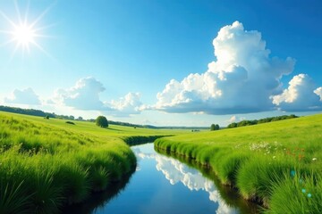 Fototapeta premium Puffy white clouds float above a winding stream in the countryside, clouds, airy, landscape