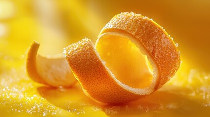 Delicate spirals of orange peel are arranged artistically atop a bright yellow surface, showcasing the zest and freshness of the fruit against a sunny backdrop.