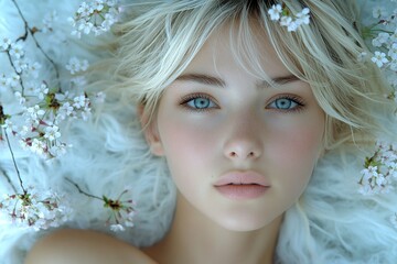 Spring mood, dark night and warm mystic light - complementary lighting. Stunning caucasian young woman surrounded by cherry blossoms. Commercial promotion concept creative pattern art.