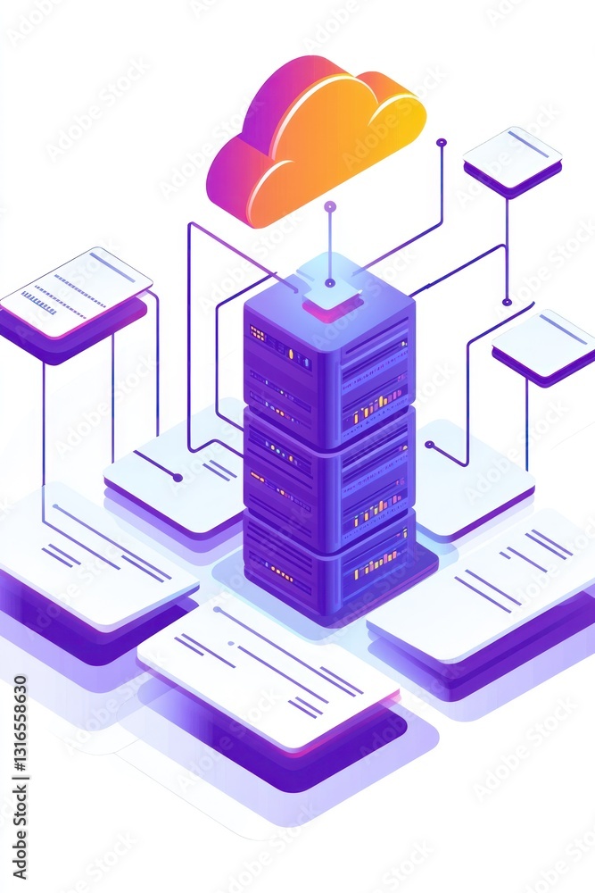 Poster a vibrant illustration of cloud computing architecture featuring a central server tower connected to