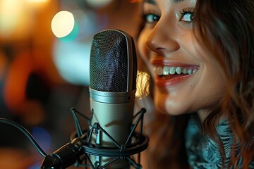 Closeup of a smiling young Latina recording a podcast on microphone