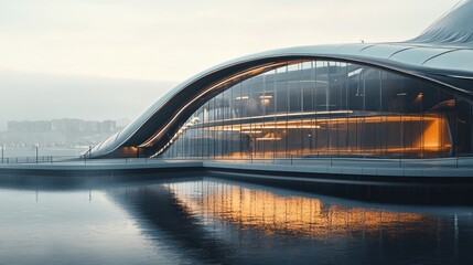 Obraz premium Futuristic building reflecting in calm water at dawn.