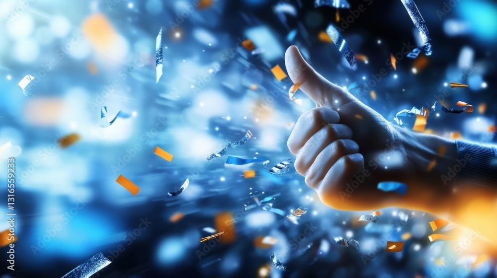 Poster celebratory gesture of approval futuristic setting abstract visual digital environment dynamic persp
