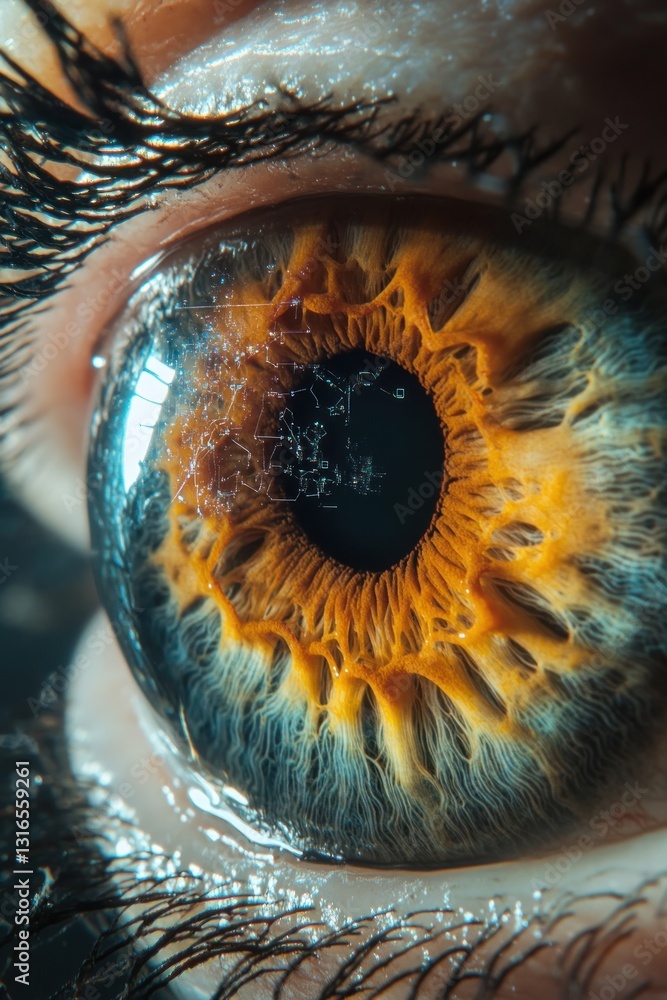 Poster close-up view of a human eye showcasing intricate patterns and vibrant colors, reflecting light and 