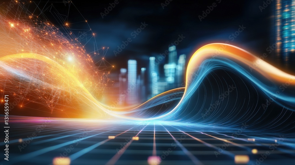 Poster dynamic wave patterns futuristic cityscape abstract visual art digital environment high-tech viewpoi