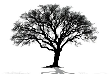 Single, majestic tree silhouetted against a pure white backdrop,  solitary, silhouette