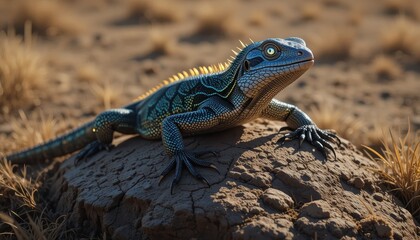 Fototapeta premium Majestic Blue Lizard Basking on Rock in Desert Habitat Wildlife Reptile