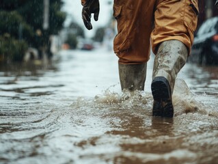 A person in protective gear navigates a flooded street due to heavy rain and possibly a hurricane.
