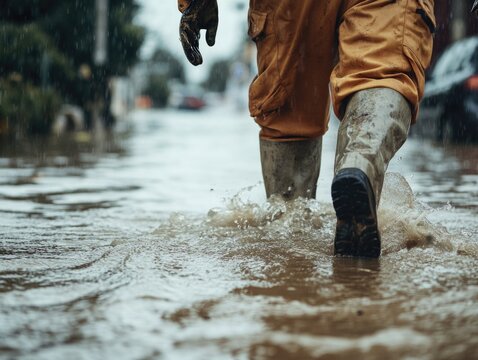 A person in protective gear navigates a flooded street due to heavy rain and possibly a hurricane.