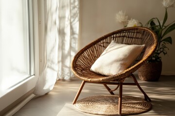 Warm sunlight streams through the window, illuminating a tranquil handcrafted rattan chair. Perfect for a moment of peace and quiet