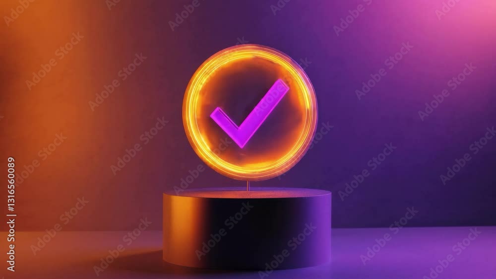 Aufkleber neon check mark in glowing circle on pedestal, futuristic verification concept