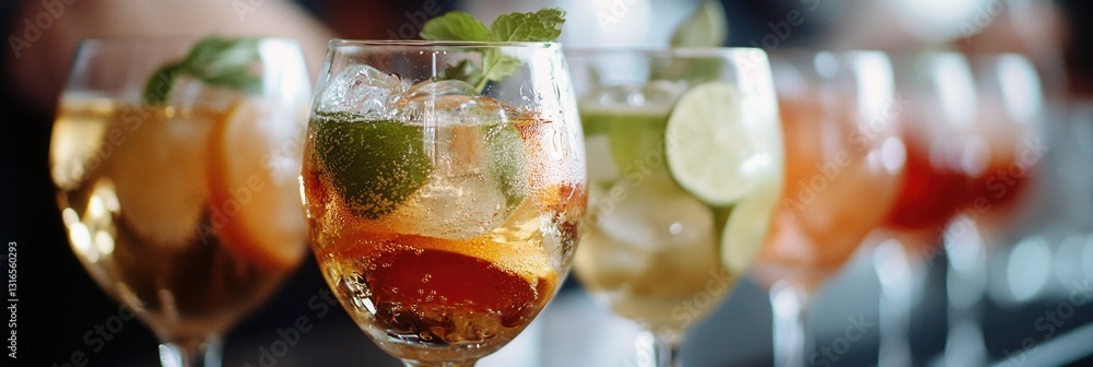 Poster an array of multi-colored beverages in a row, served in wine glasses. this image represents a lively