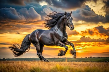 A black Friesian horse gallops majestically at sunset, its powerful stride captured in sharp detail.