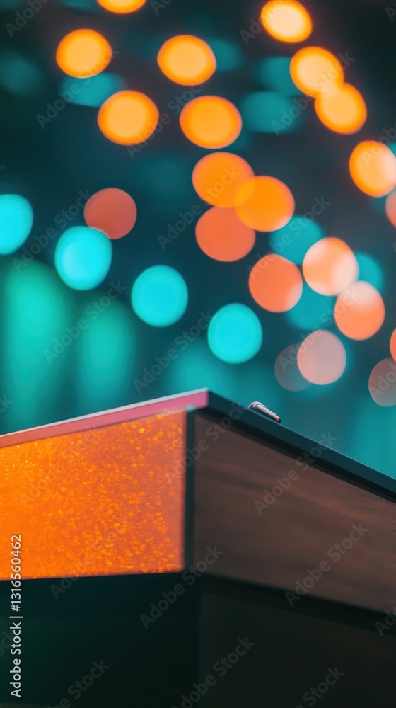 Poster close-up of a wooden surface with colorful bokeh lights in the background