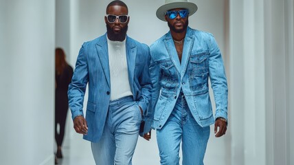 Male Couple in Business Suits Made from Old Jeans in a Well-Lit Hallway (Theme: Eco-Friendly Fashion Show)