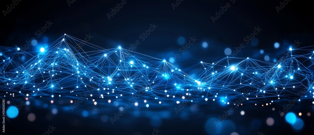 Aufkleber glowing blue network lines connect with light in dark space, representing data transfer