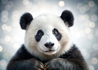 Fototapeta premium Adorable panda, chin on paws, bokeh background. Perfectly isolated, pure white backdrop.