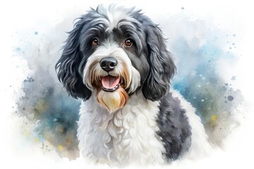 Adorable watercolor Portuguese Water Dog puppy portrait, a charming canine art print on a white background.