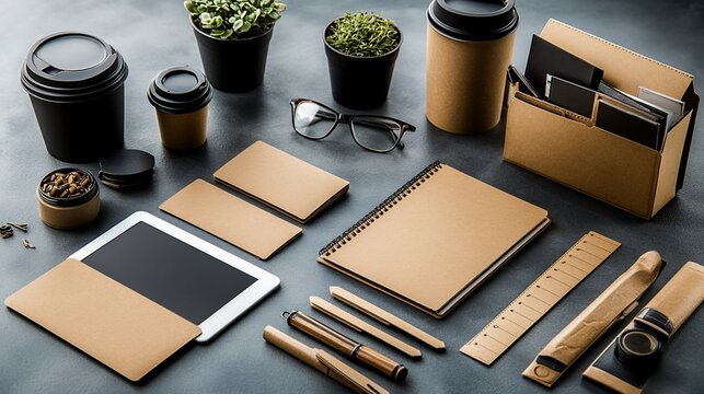 Stationery mockup with kraft paper cups, tablet, notebook, and office supplies