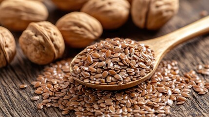 A close-up of a spoonful of flaxseeds and walnuts on a wooden board.